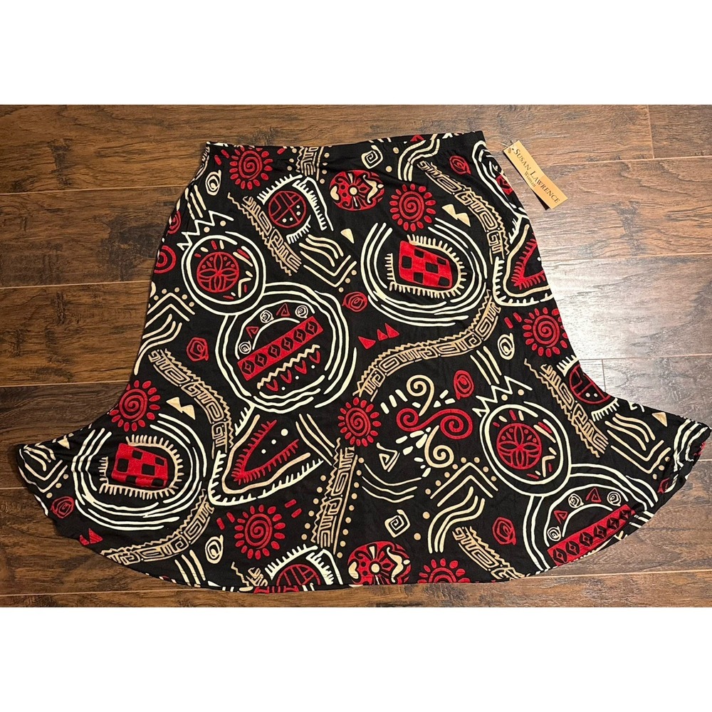 Susan Lawrence Skirt 3X Black Red Tribal Print A Line Stretch Pull On Midi USA - Picture 2 of 8